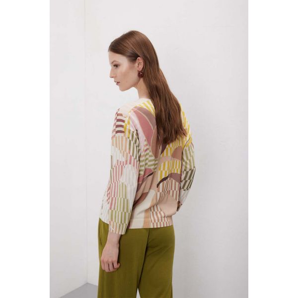 Maglia scollo a V manica 3/4 Color Block