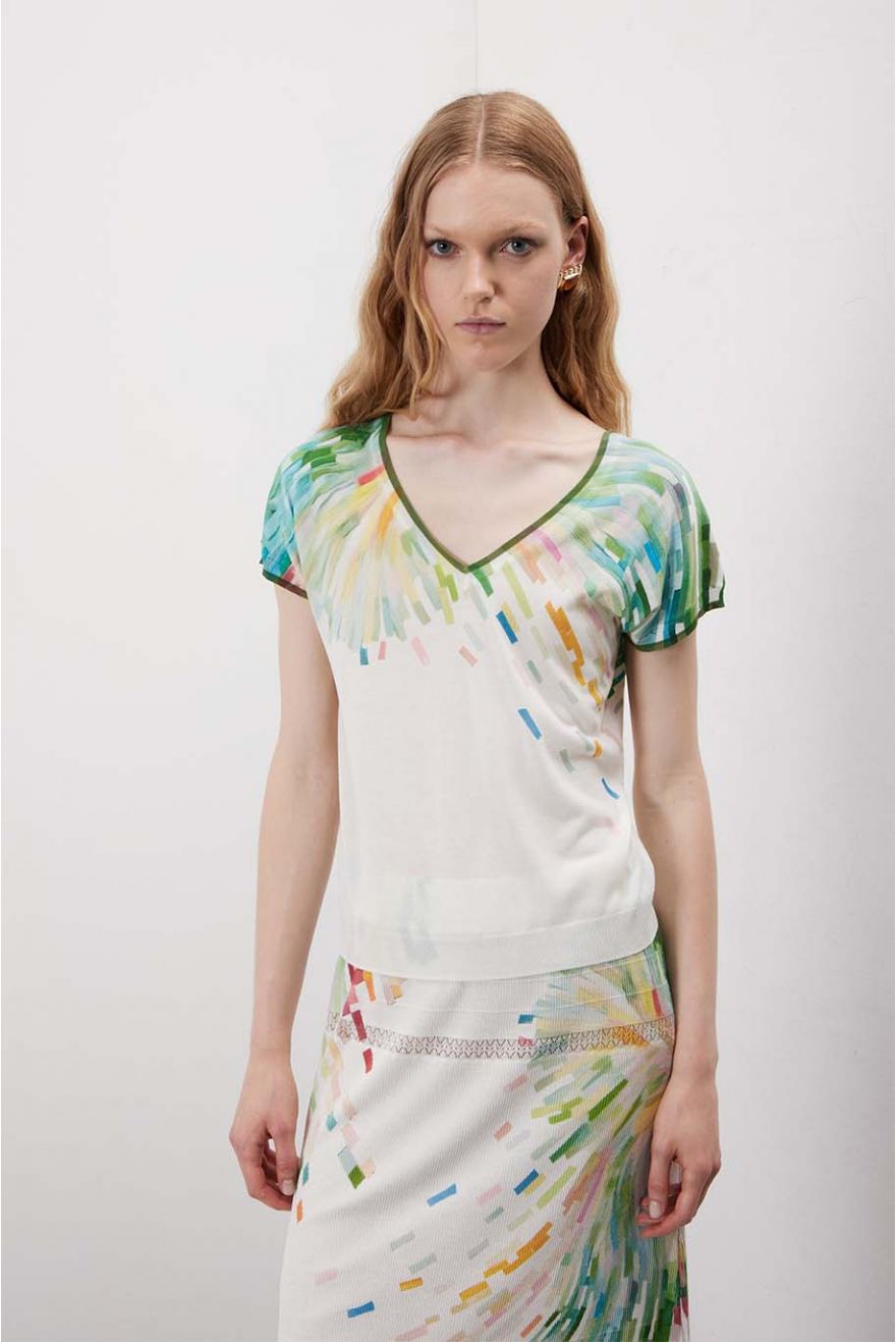 Maglia scollo a V manica corta con motivo Painting
