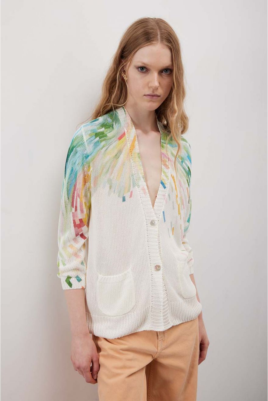 Cardigan over scollo a V manica 3/4 con motivo Painting