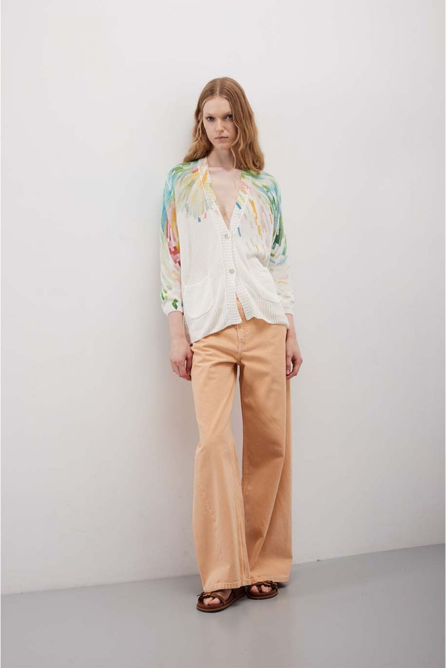 Cardigan over scollo a V manica 3/4 con motivo Painting