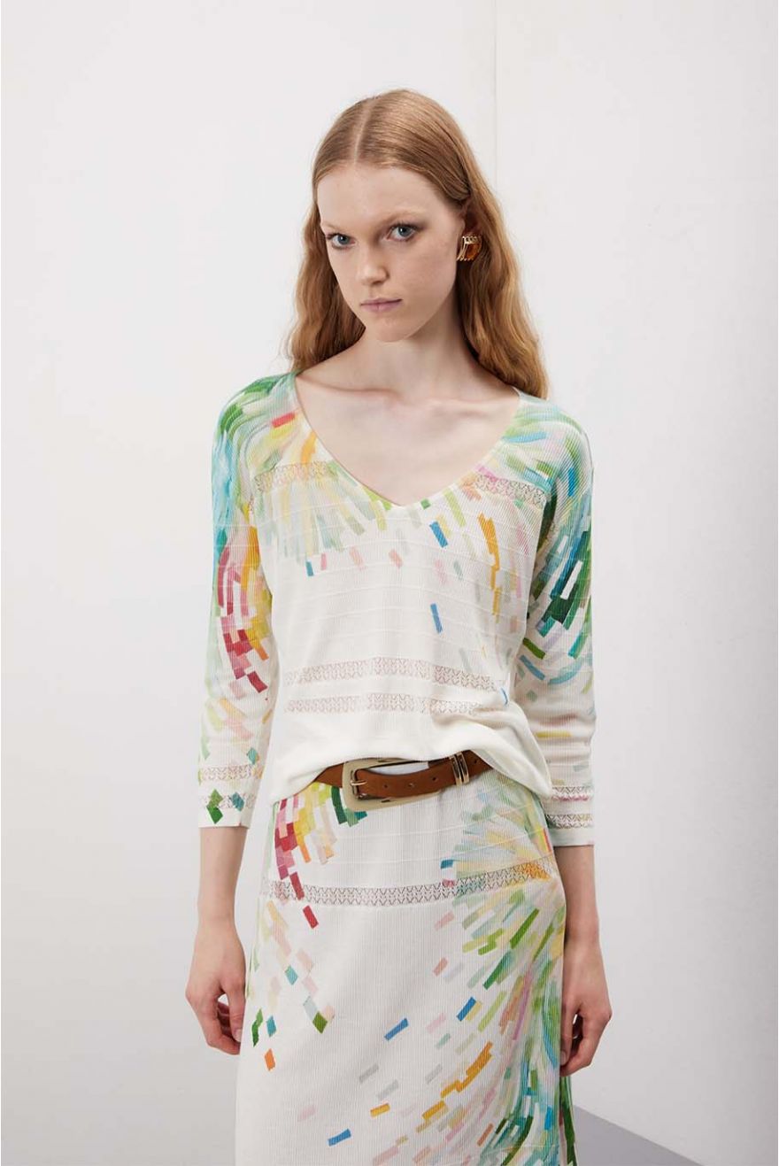 Maglia scollo a V manica 3/4 lavorazione Pointelle con motivo Painting