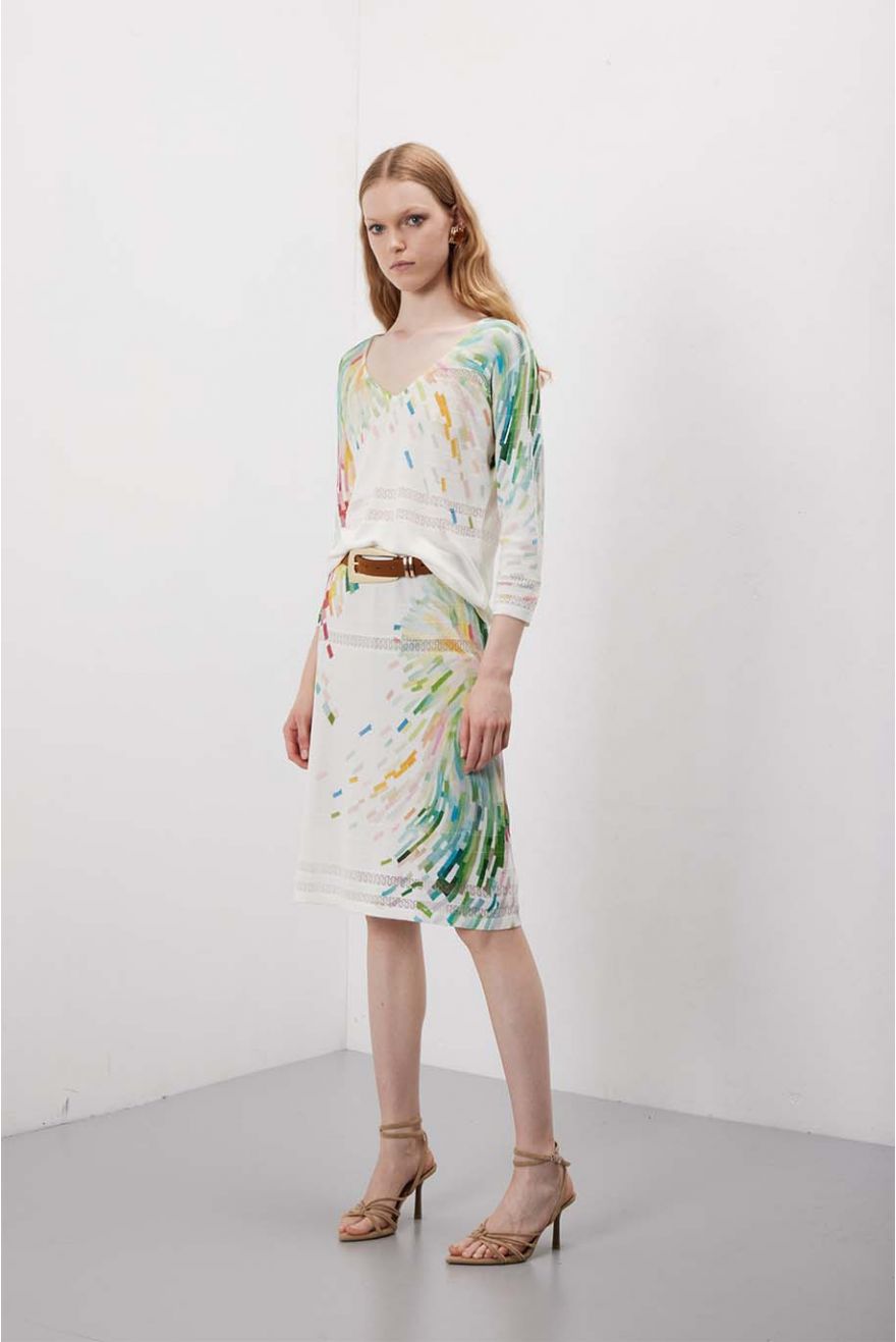 Maglia scollo a V manica 3/4 lavorazione Pointelle con motivo Painting