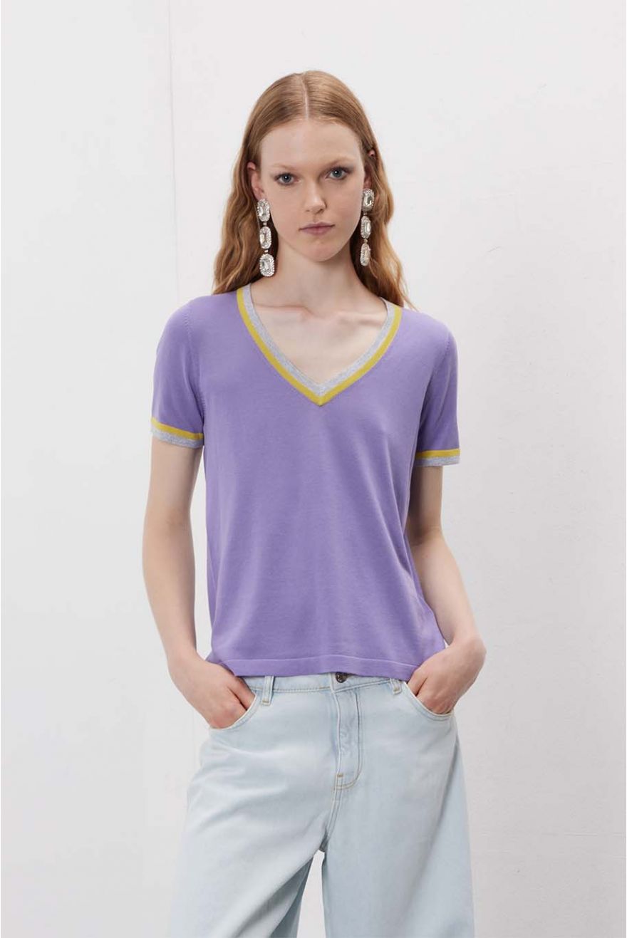 Maglia scollo a V a manica corta con bordi a contrasto
