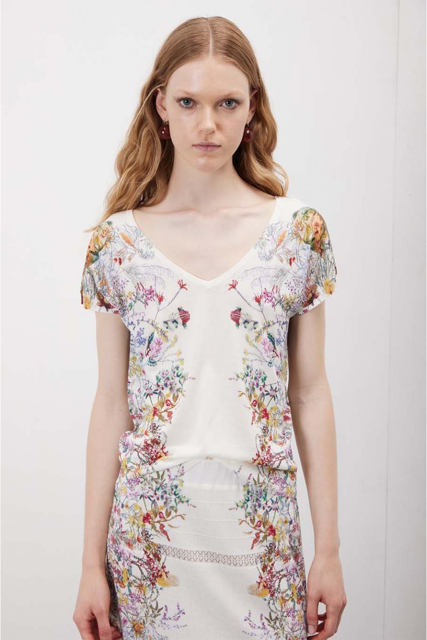 Maglia scollo a V manica corta con stampa Floral