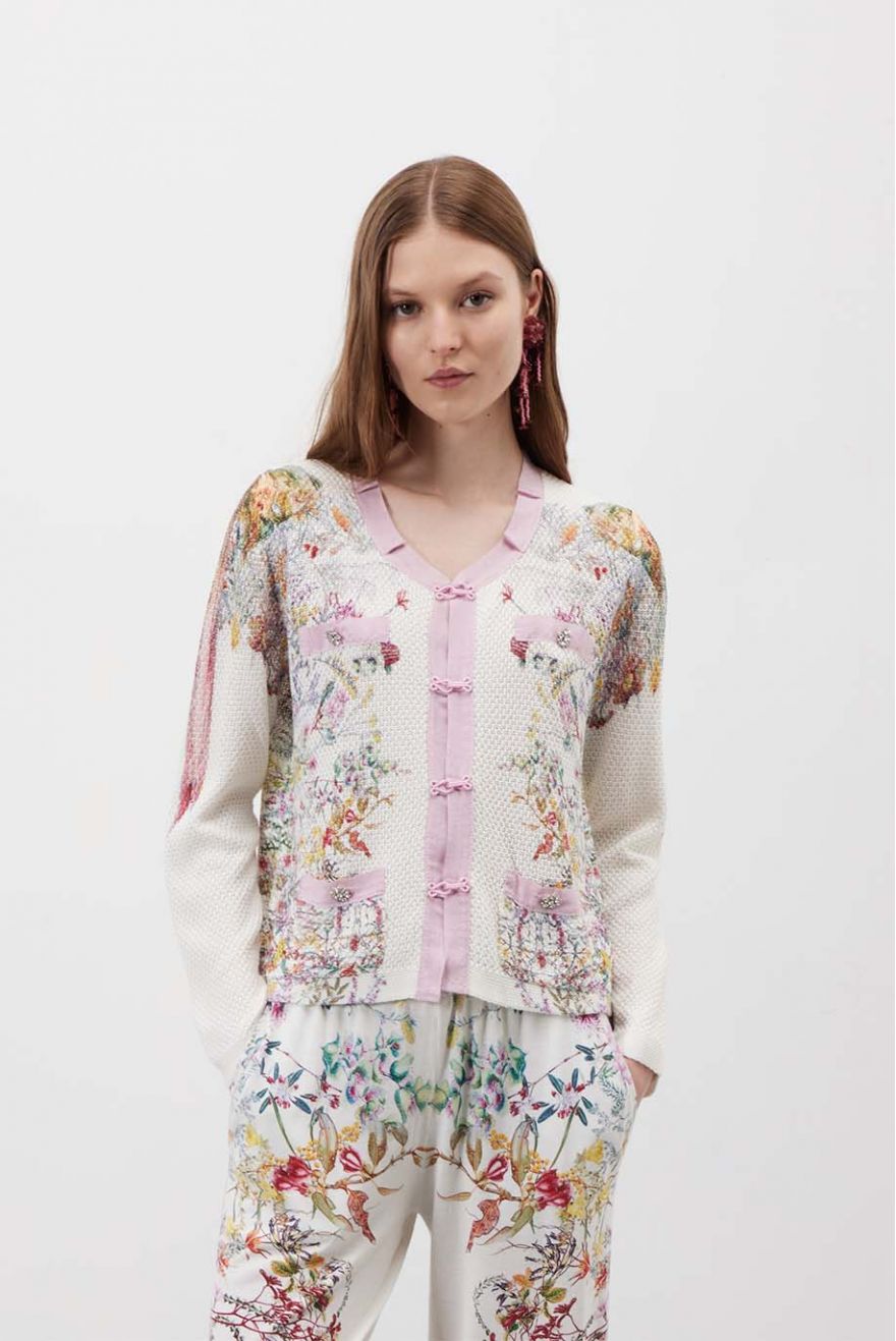 Giacca Chanel manica lunga con dettagli gros grain e stampa Floral