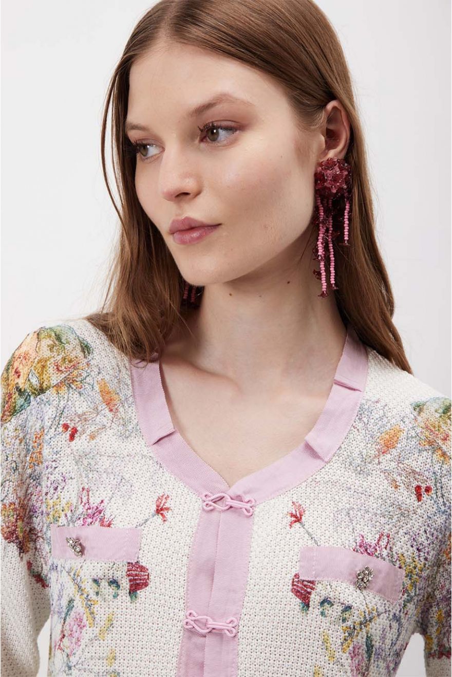 Giacca Chanel manica lunga con dettagli gros grain e stampa Floral