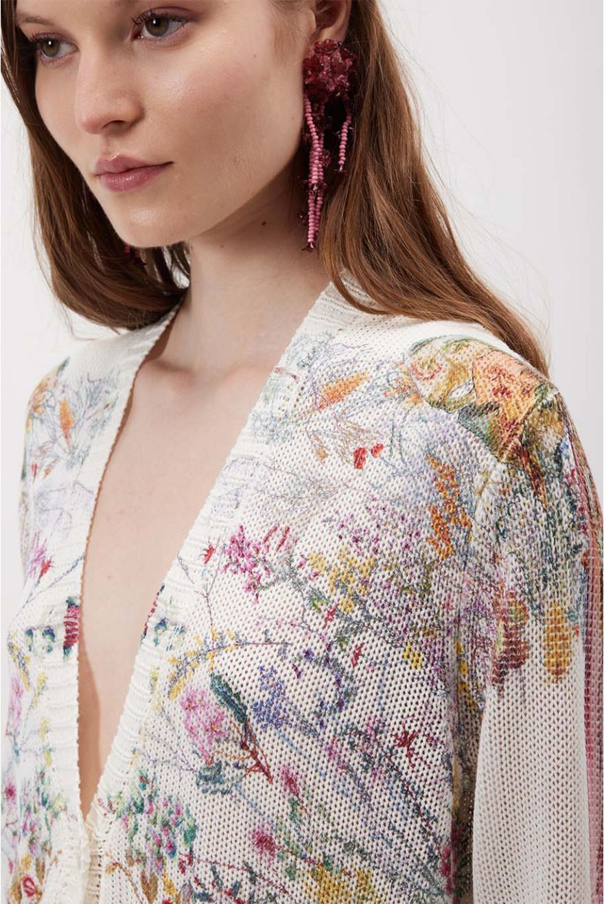 Cardigan scollo a V over manica 3/4 con stampa Floral