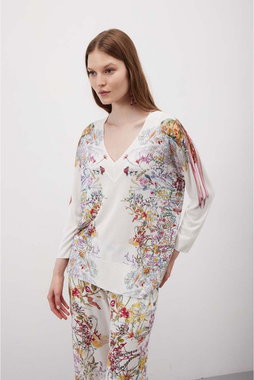 Maglia scollo a V over manica 3/4 con stampa Floral