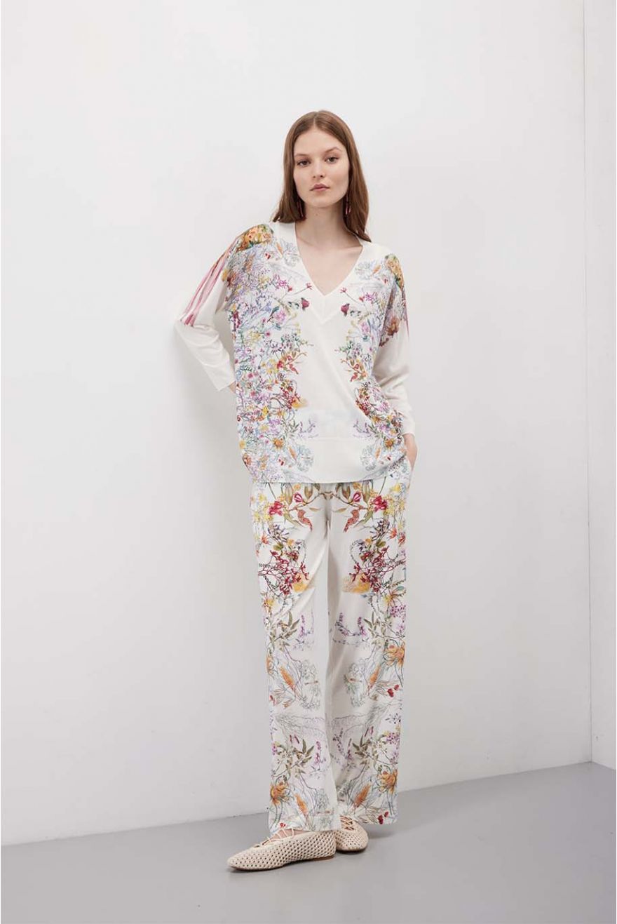 Maglia scollo a V over manica 3/4 con stampa Floral