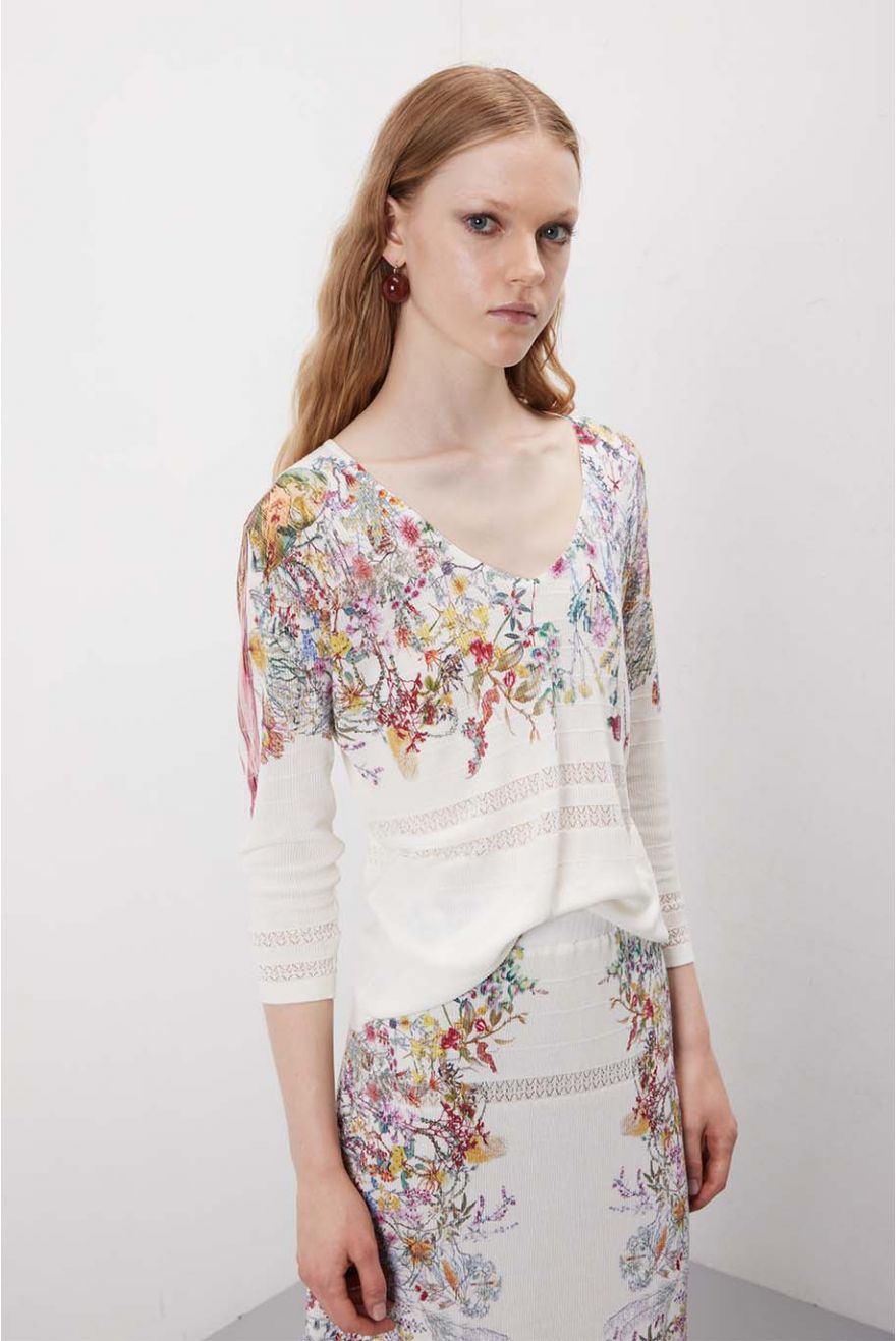 Maglia scollo a V manica 3/4 con lavorazione pointelle Floral