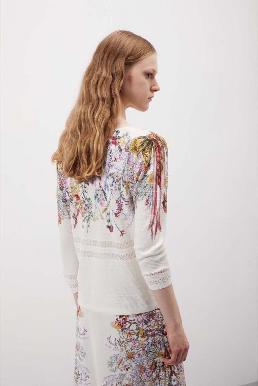 Maglia scollo a V manica 3/4 con lavorazione pointelle Floral