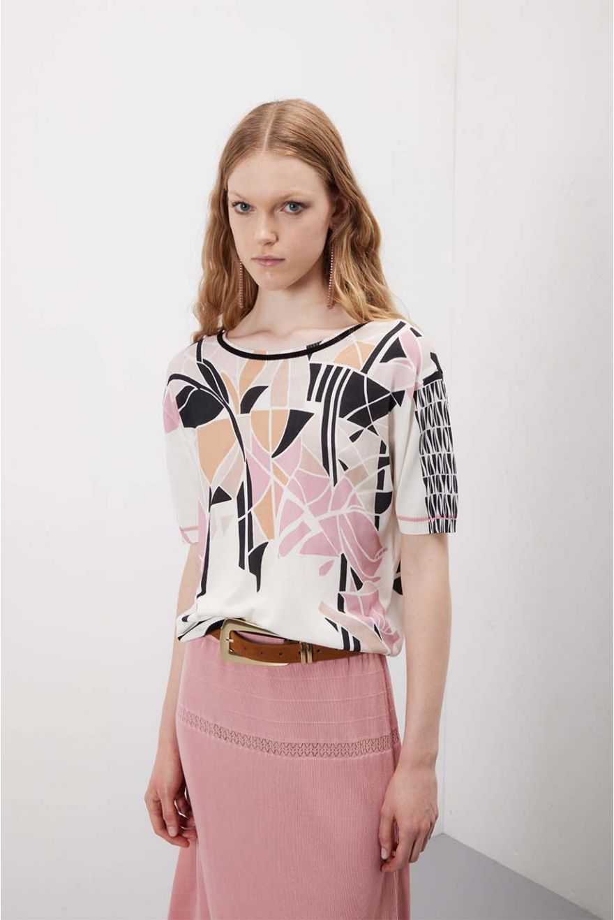 Maglia girocollo over corta con stampa Liberty