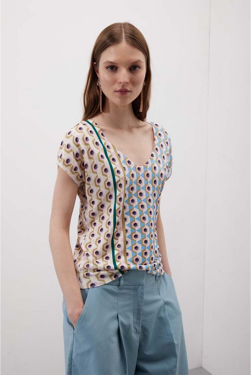 Maglia scollo a V manica corta Geometric