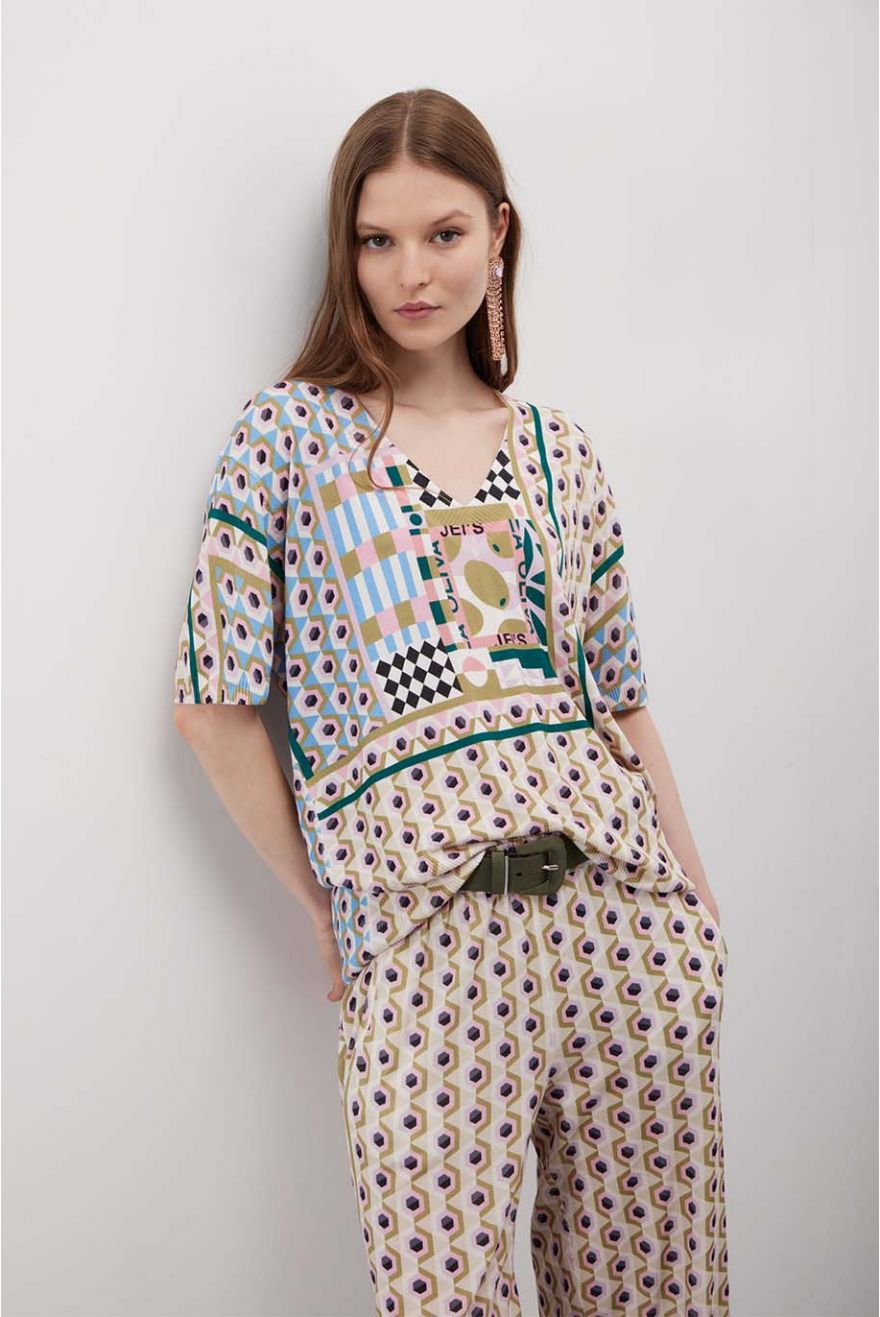 Maglia scollo a V e mezza manica stampa Geometric
