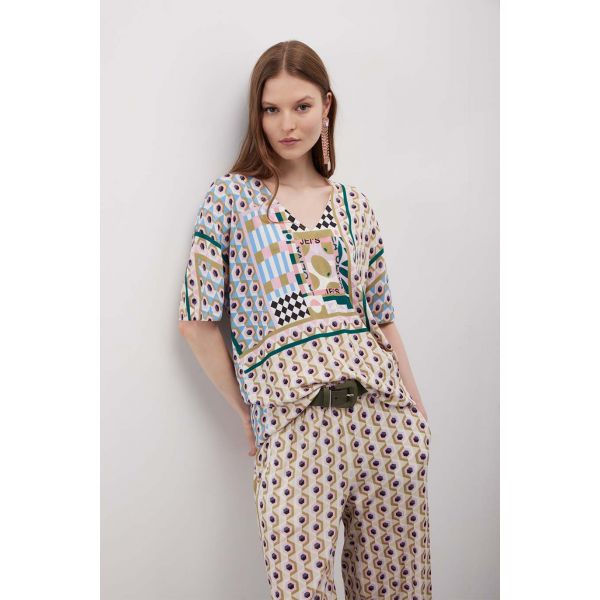 Maglia scollo a V e mezza manica stampa Geometric