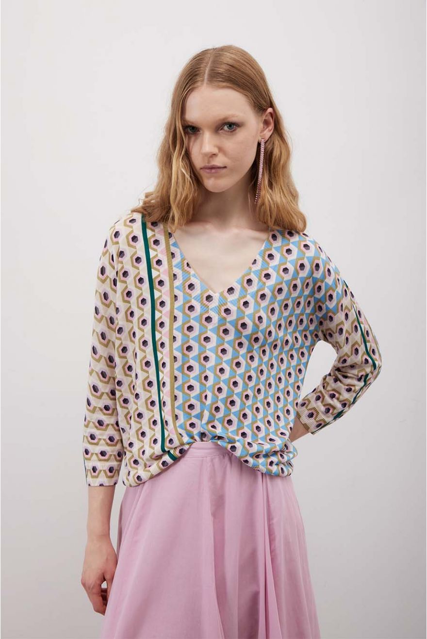 Maglia scollo a V over corta pattern Geometric