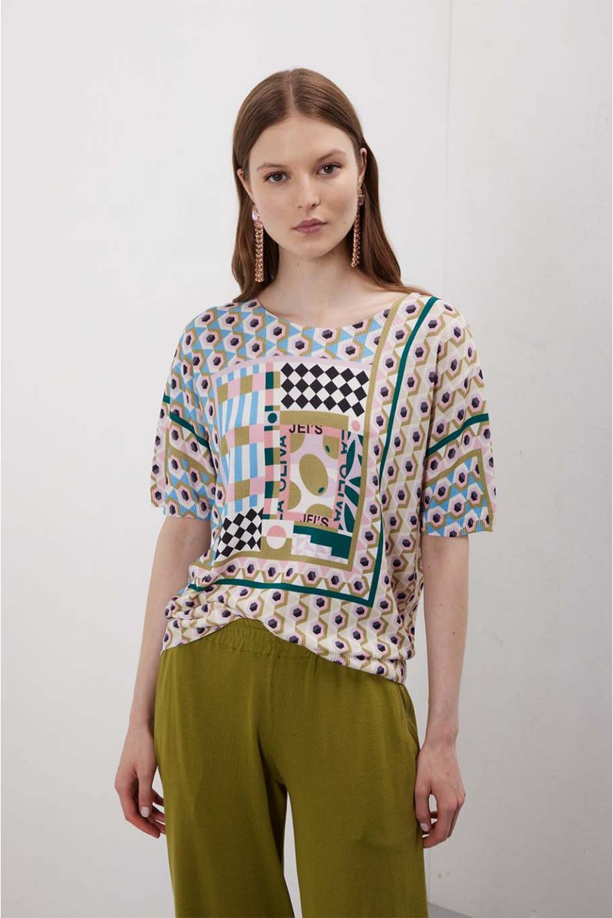 Maglia girocollo over corta stampa Geometric