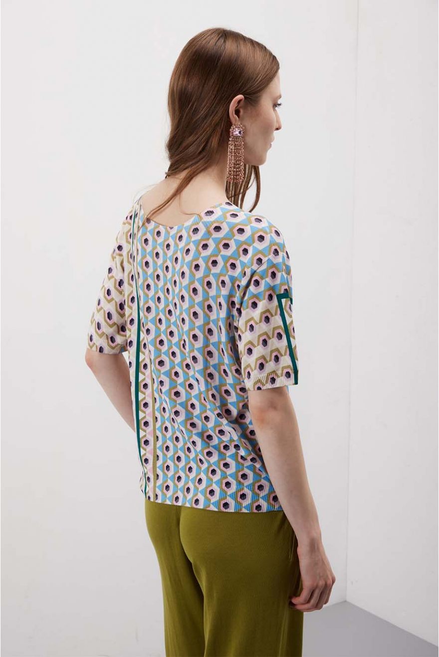 Maglia girocollo over corta stampa Geometric