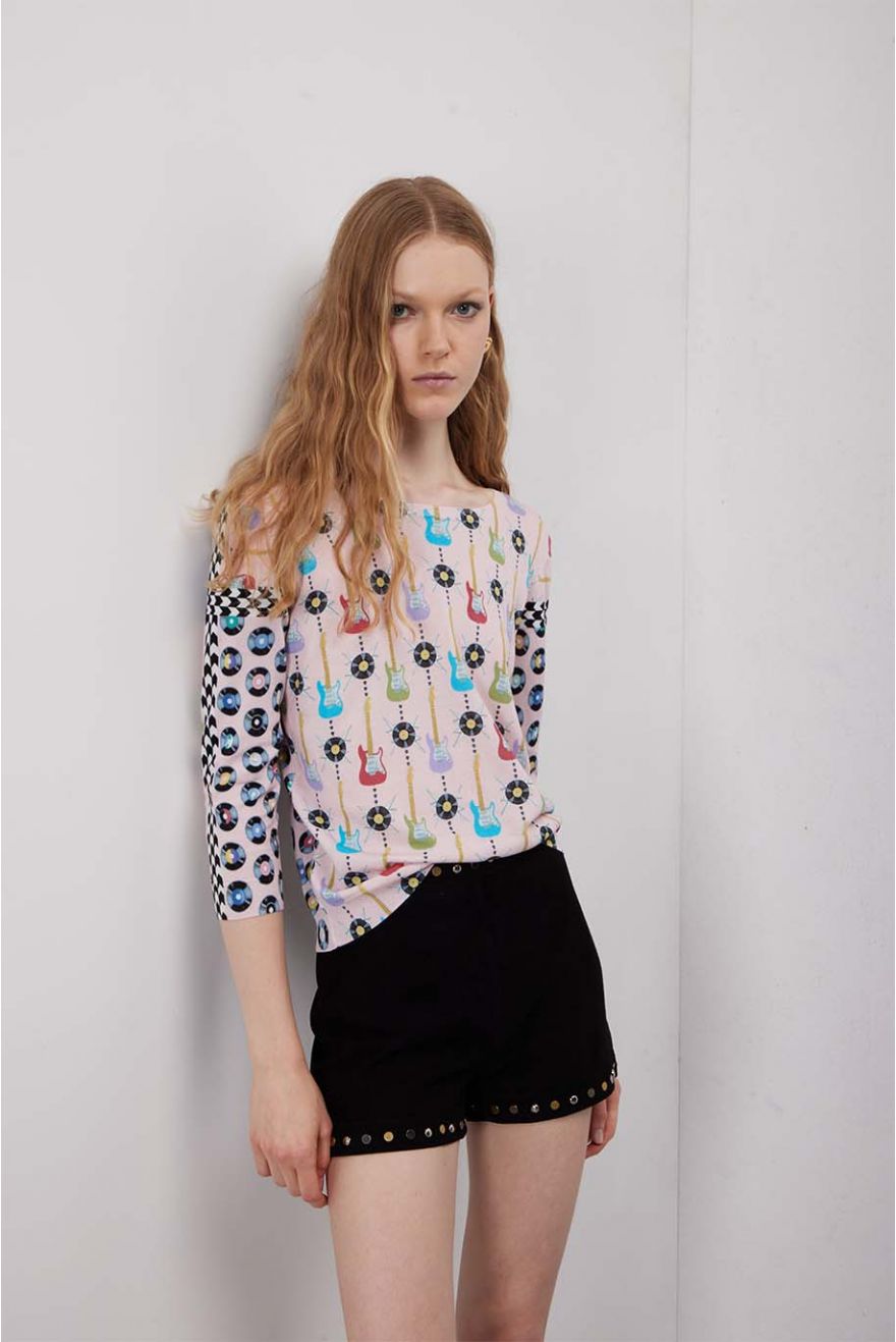 Maglia girocollo manica 3/4 con stampa Rock