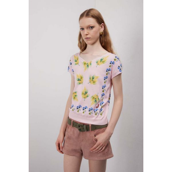 Maglia scollo a cuore con stampa Mimose