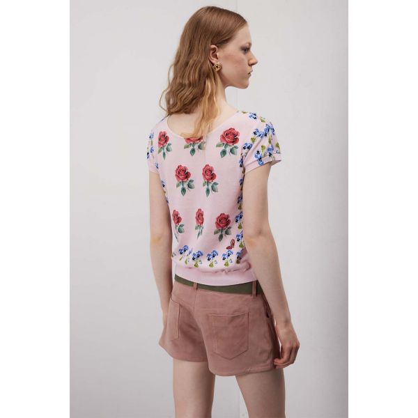Maglia scollo a cuore con stampa Mimose