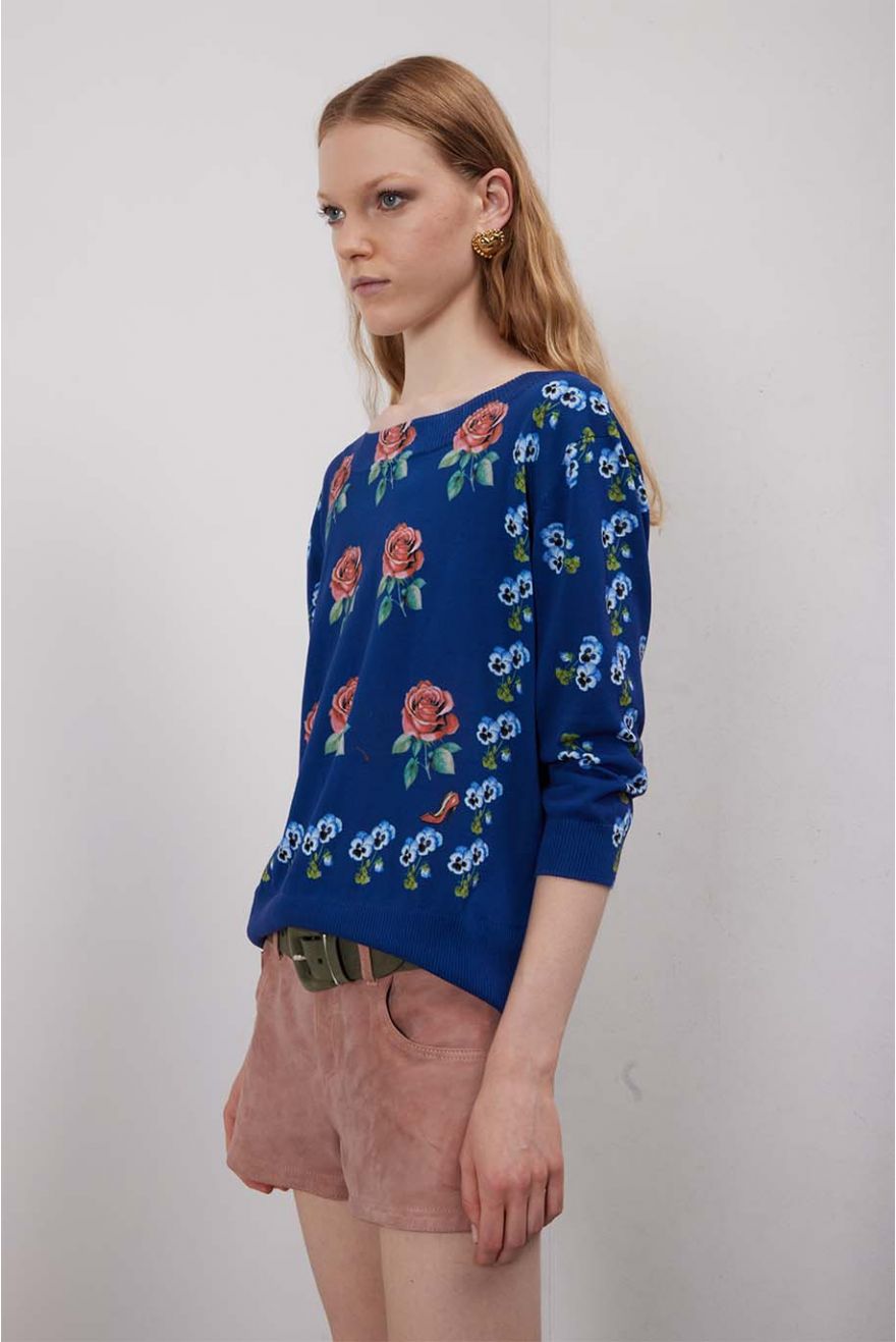 Maglia scollo a barca over manica 3/4 con stampa Mimose