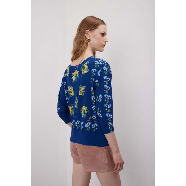 Maglia scollo a barca over manica 3/4 con stampa Mimose