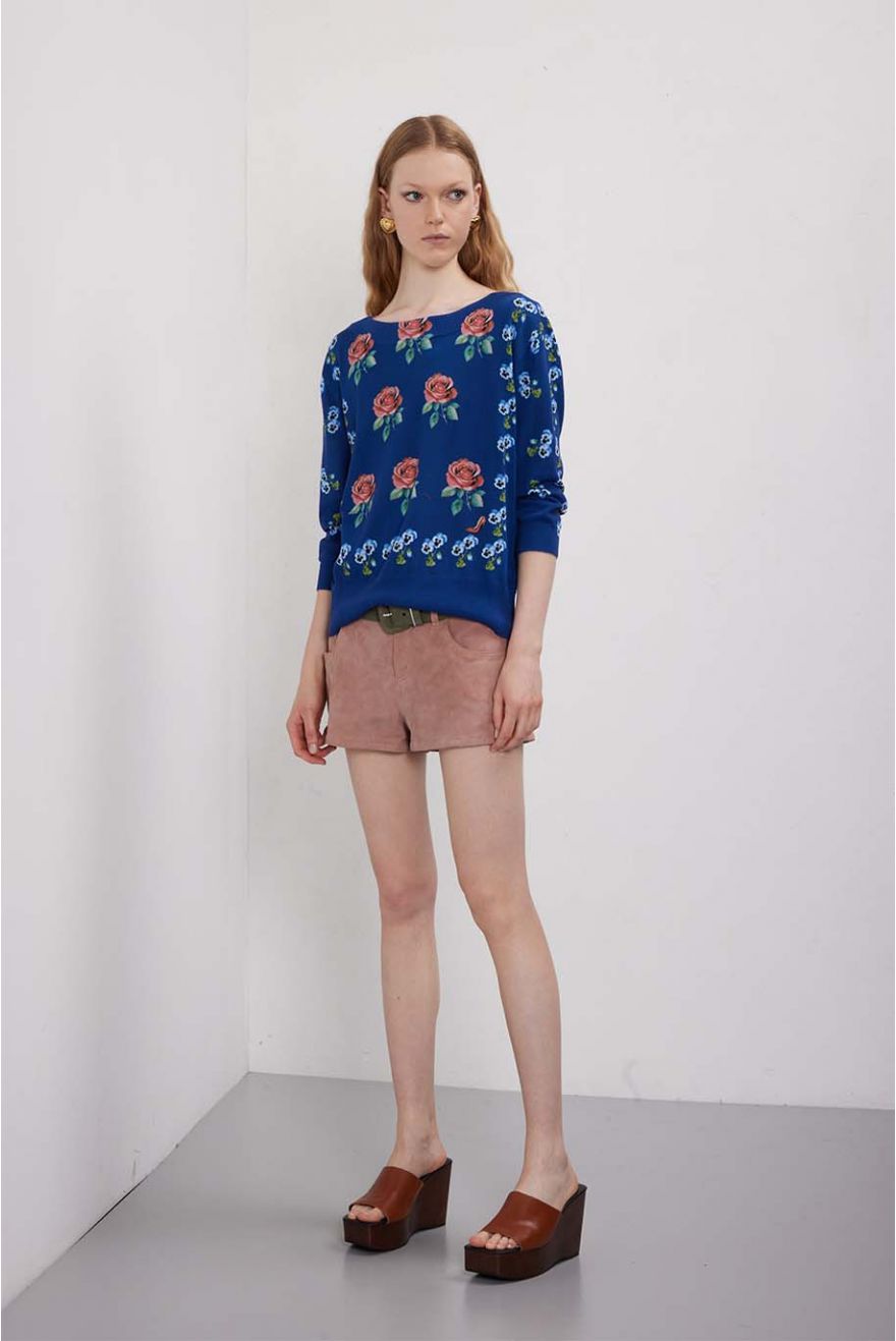 Maglia scollo a barca over manica 3/4 con stampa Mimose