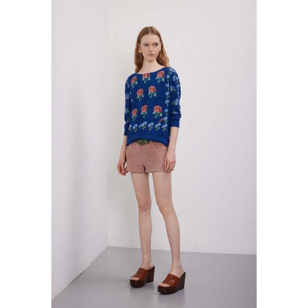 Maglia scollo a barca over manica 3/4 con stampa Mimose