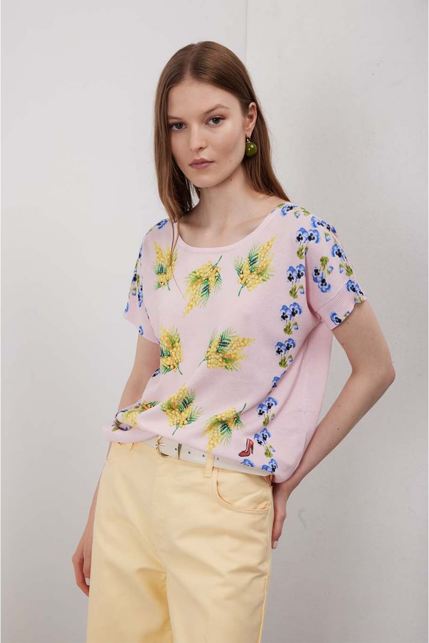 Kimono over manica corta con stampa Mimose