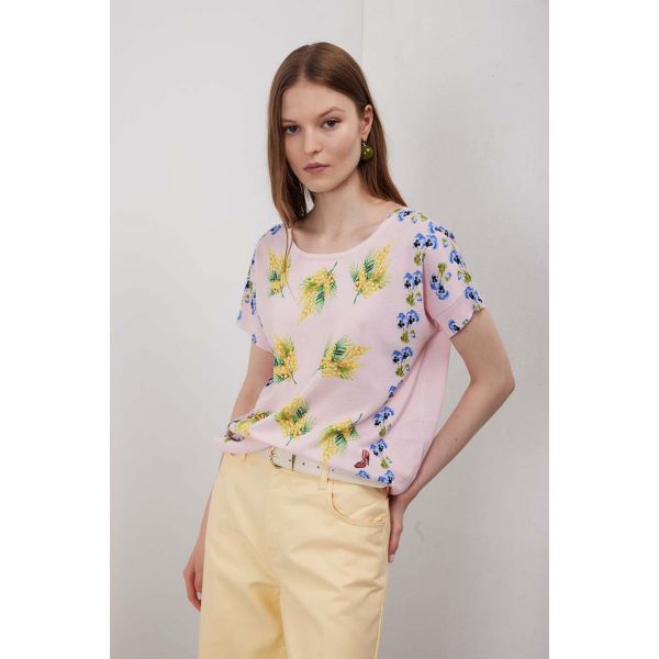 Kimono over manica corta con stampa Mimose