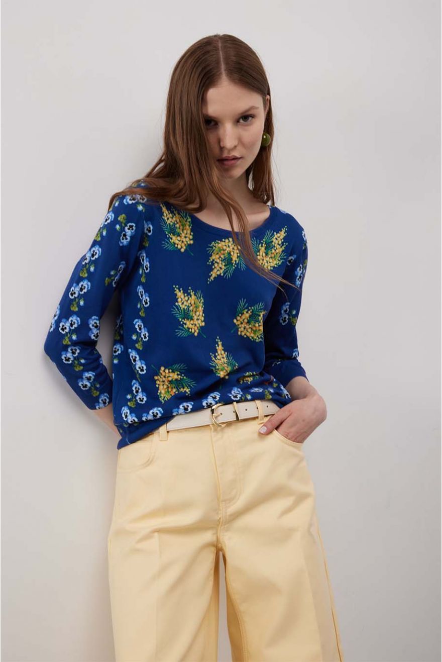 Maglia girocollo manica 3/4 con stampa Mimose