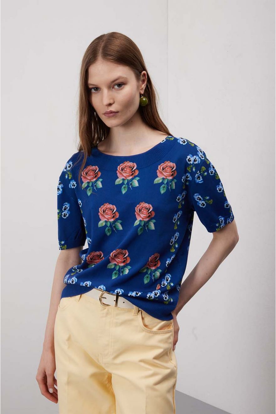 Maglia girocollo over corta con stampa Mimose