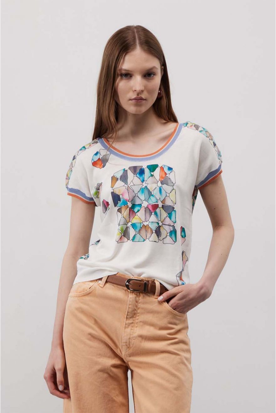 Maglia scollo V mezza manica con stampa Graphic