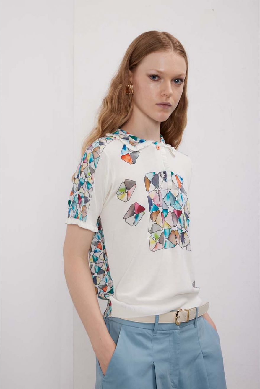 Maglia polo con rouche e stampa Graphic