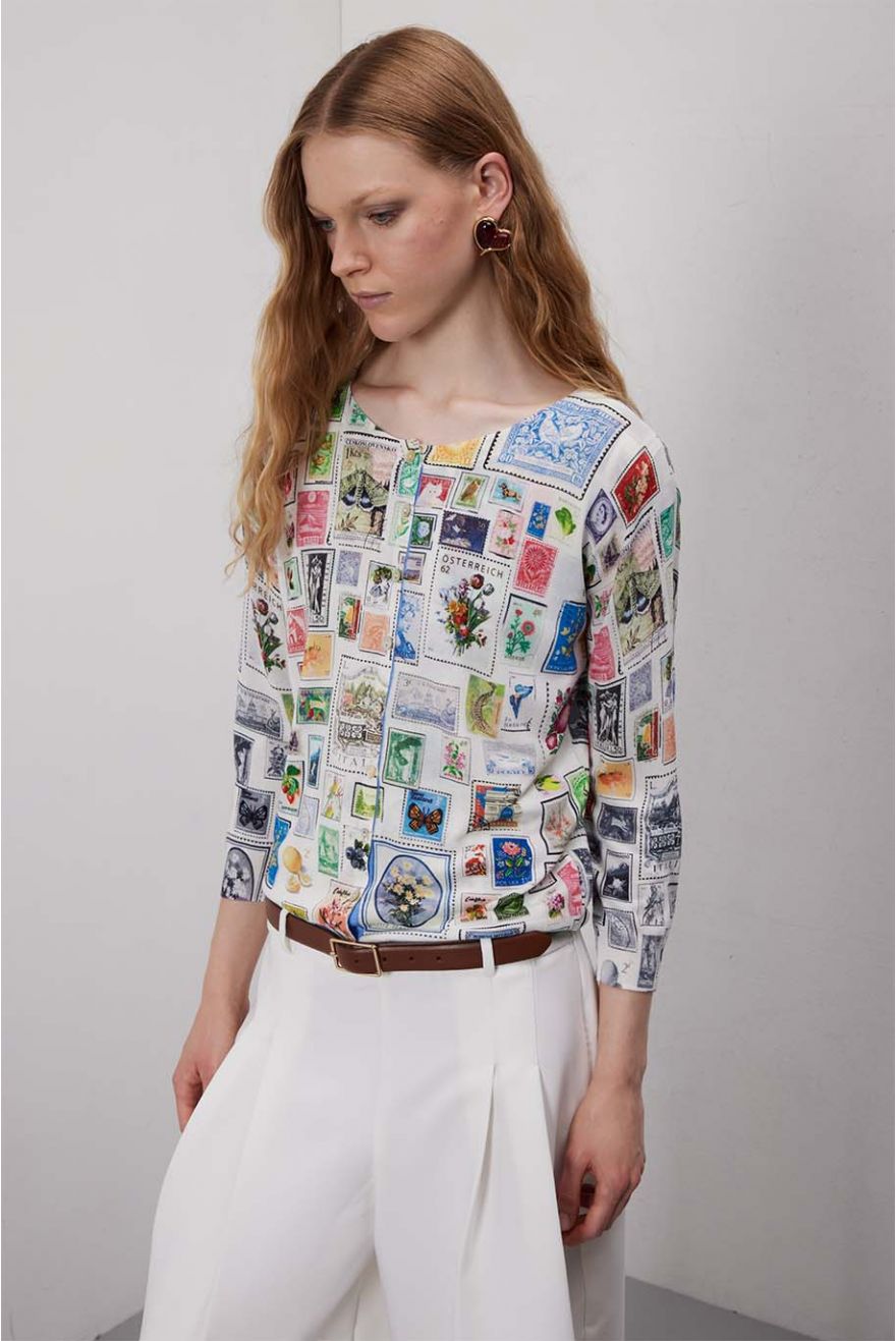 Cardigan manica 3/4 con stampa Francobolli