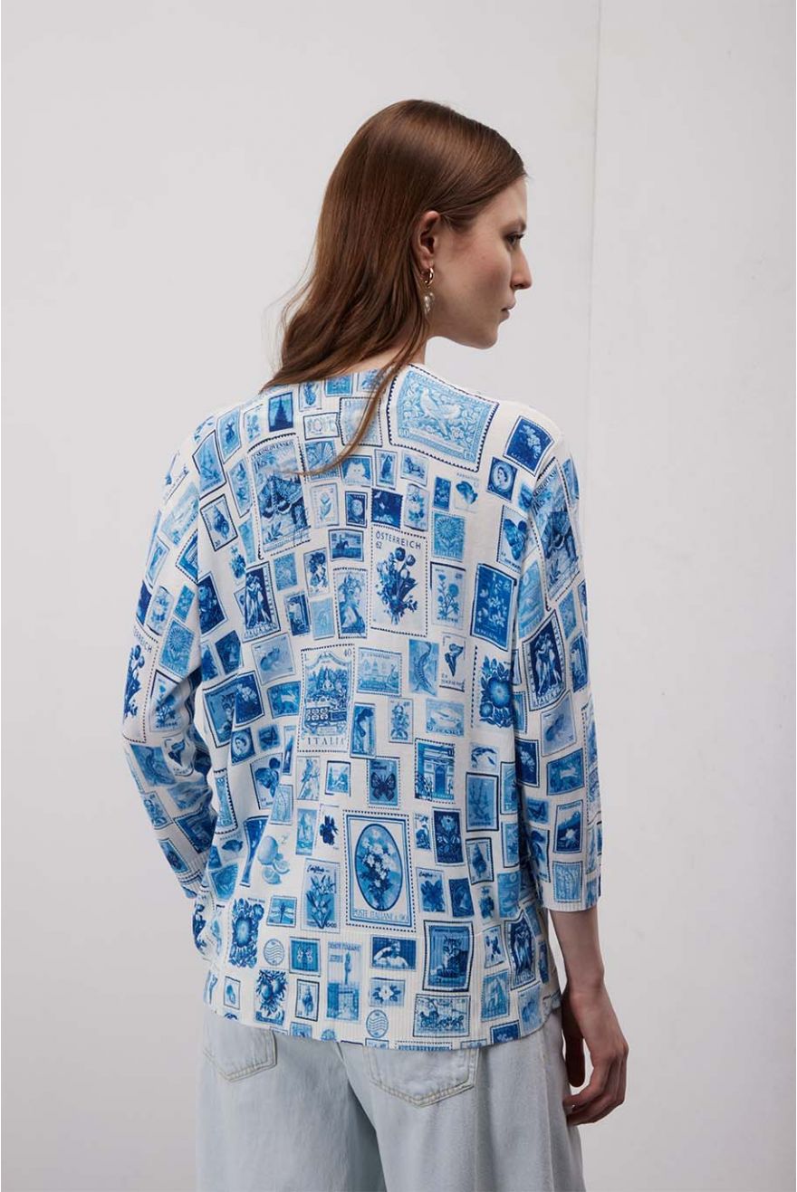 Maglia over scollo V con stampa Francobolli