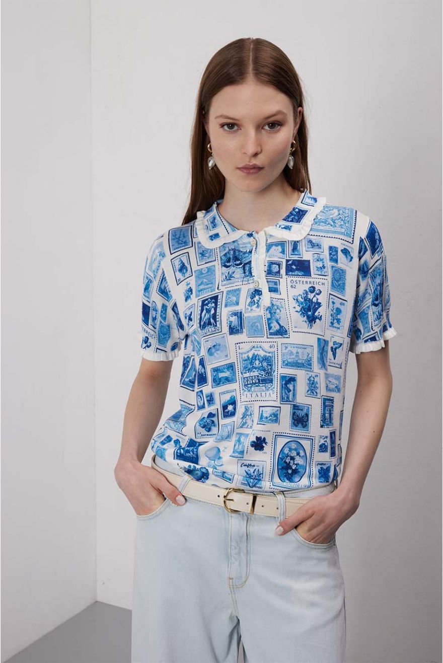 Maglia polo con rouche e stampa Francobolli
