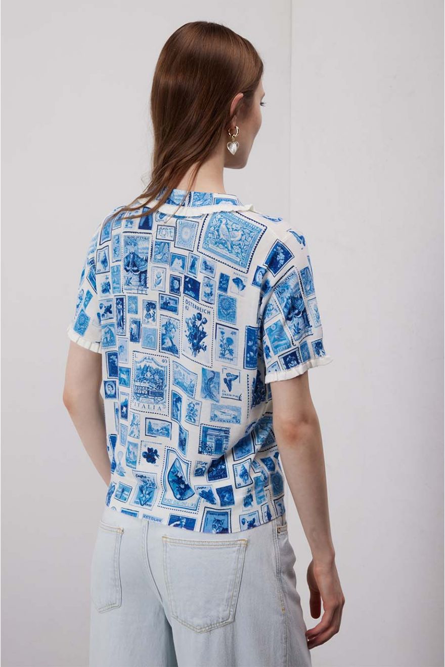 Maglia polo con rouche e stampa Francobolli