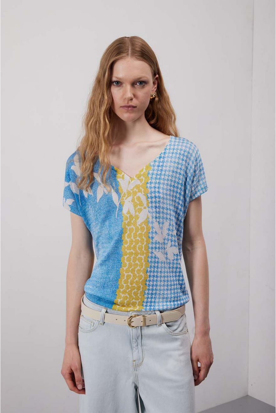 Maglia scollo cuore a manica corta stampa Delavè