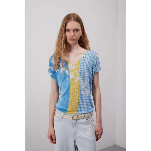 Maglia scollo cuore a manica corta stampa Delavè