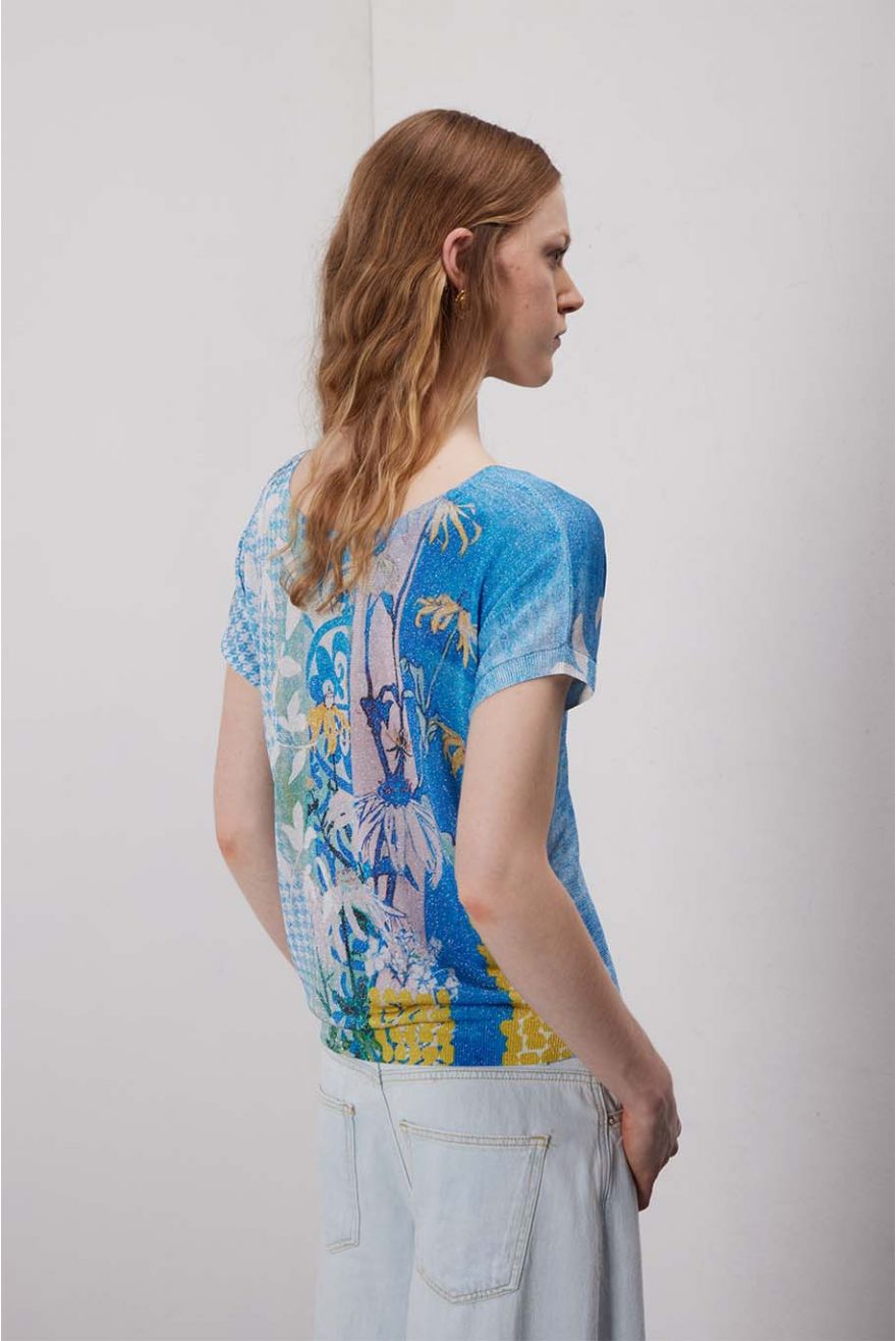 Maglia scollo cuore a manica corta stampa Delavè