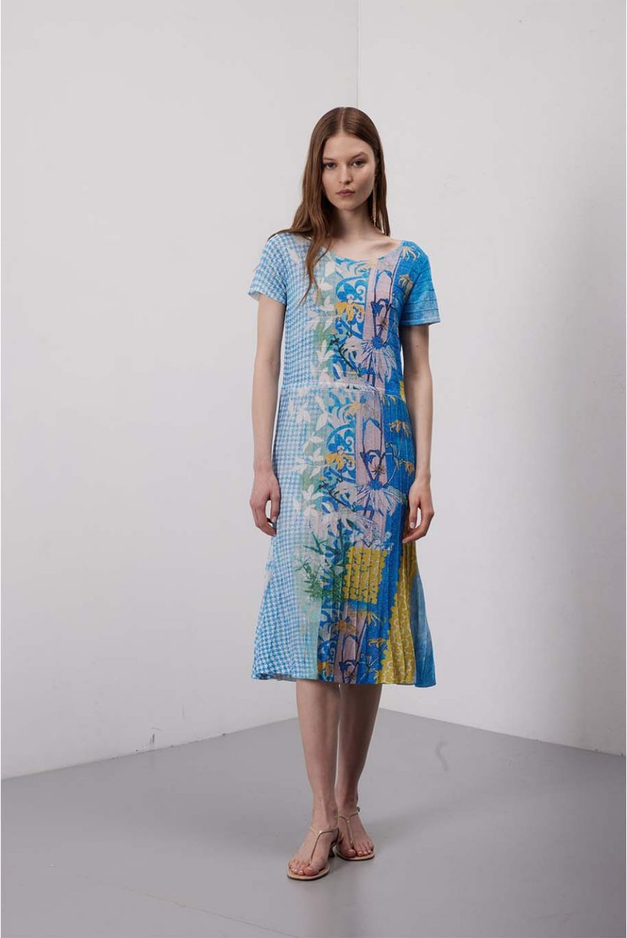 Abito manica corta plissé stampa Delavè