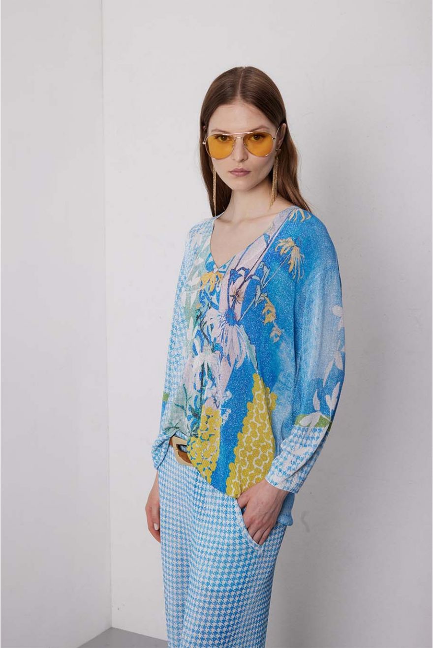 Pull a scollo V modello over manica 3/4 stampa Delavè