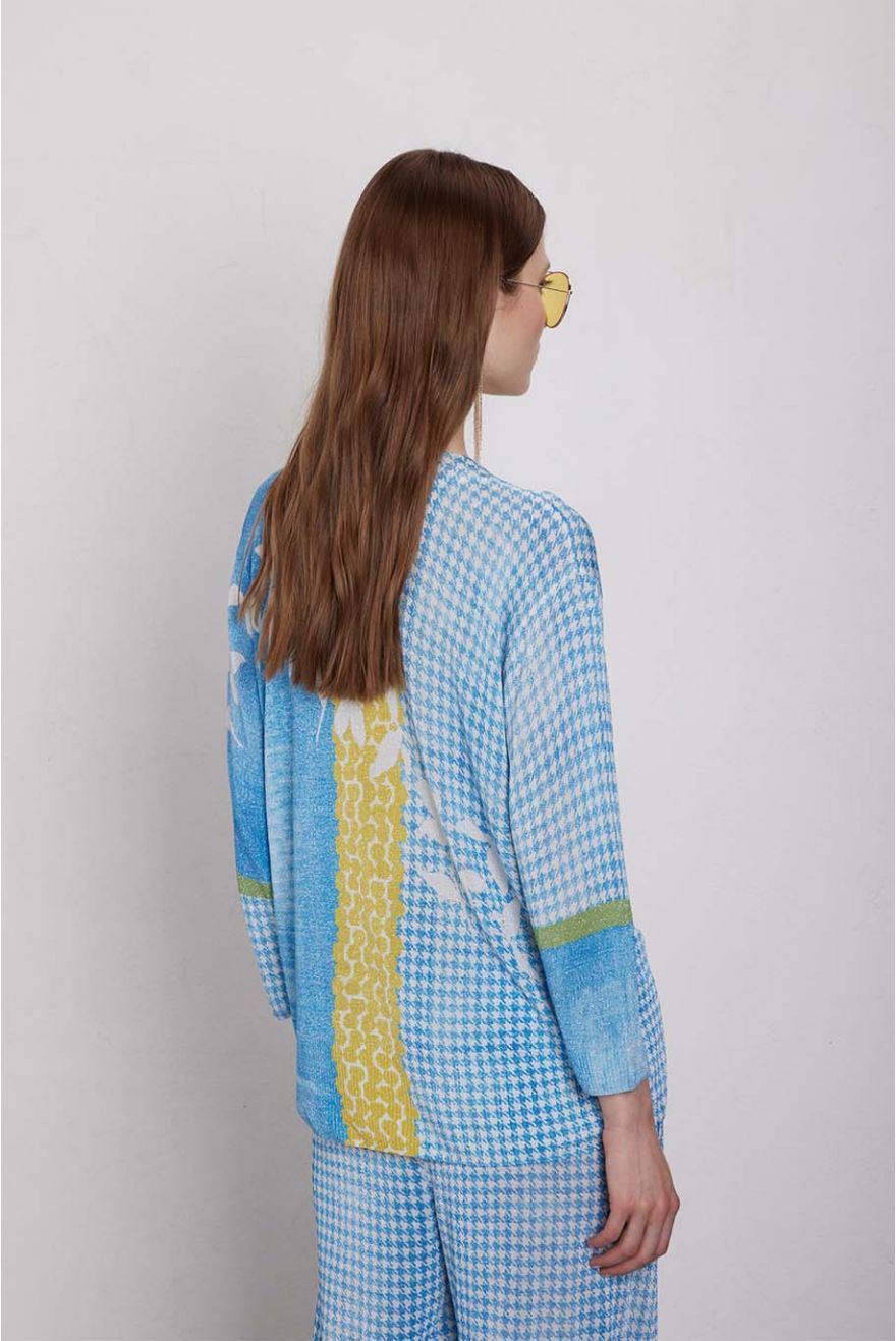 Pull a scollo V modello over manica 3/4 stampa Delavè