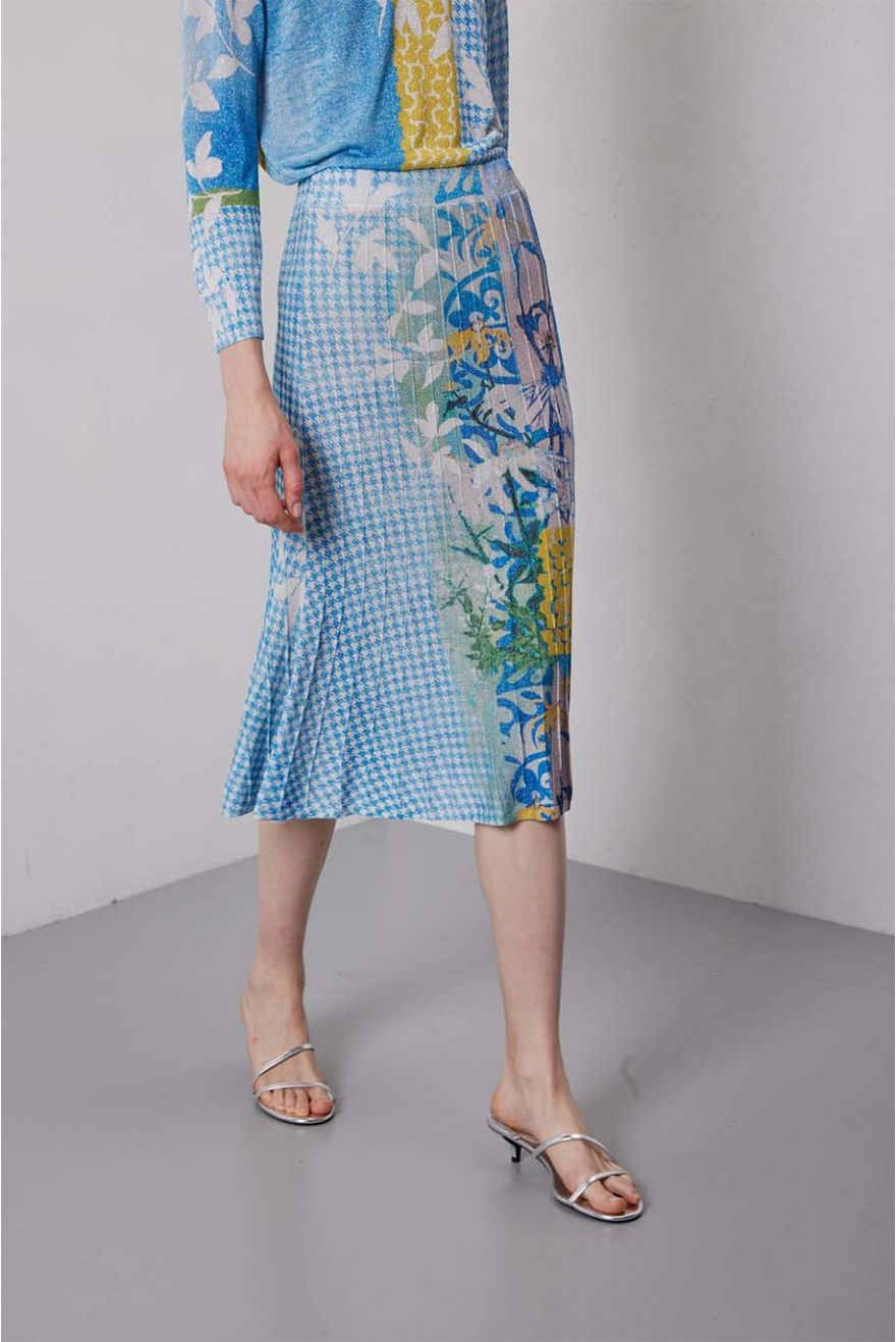 Gonna plissé lunghezza media con stampa Delavè