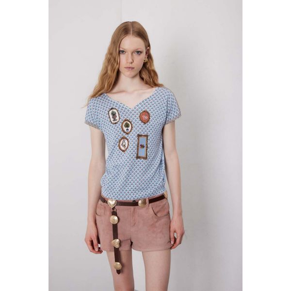 Maglia scollo cuore manica corta con stampa Country