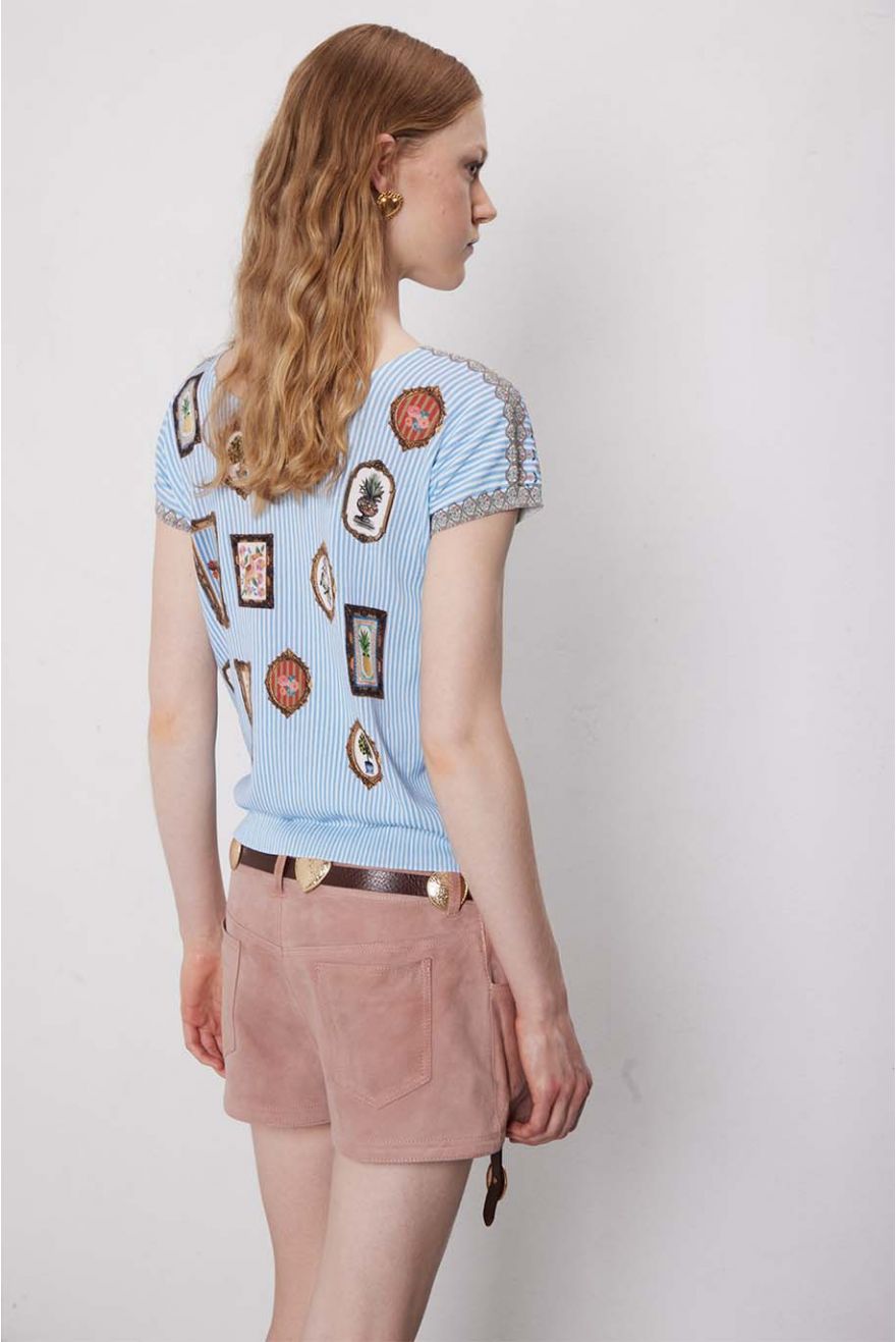 Maglia scollo cuore manica corta con stampa Country