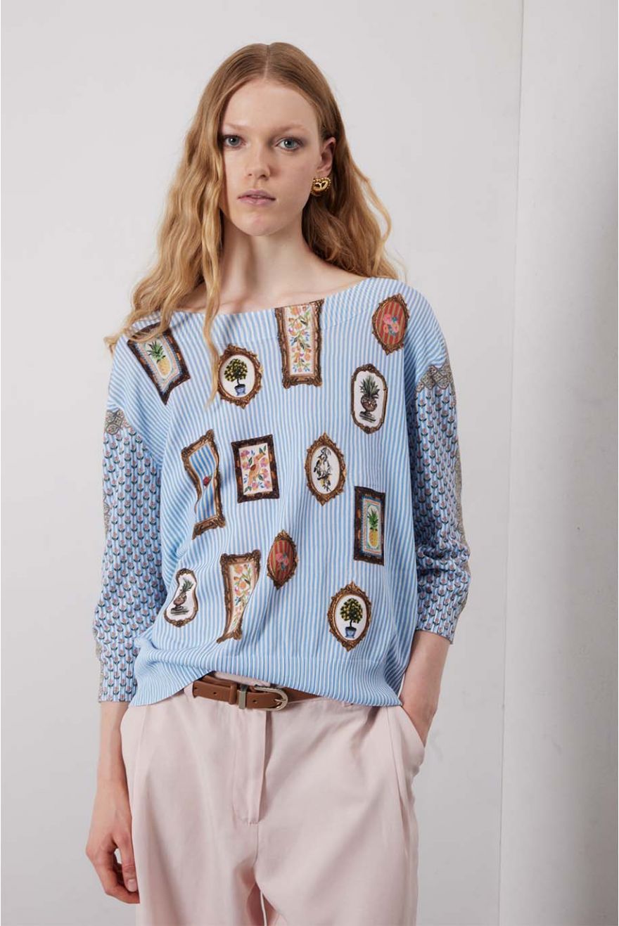 Maglia scollo a barca over manica 3/4 con stampa Country