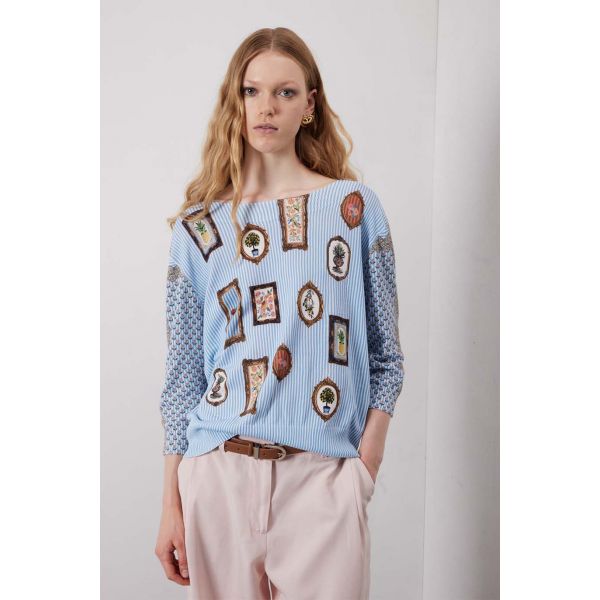 Maglia scollo a barca over manica 3/4 con stampa Country